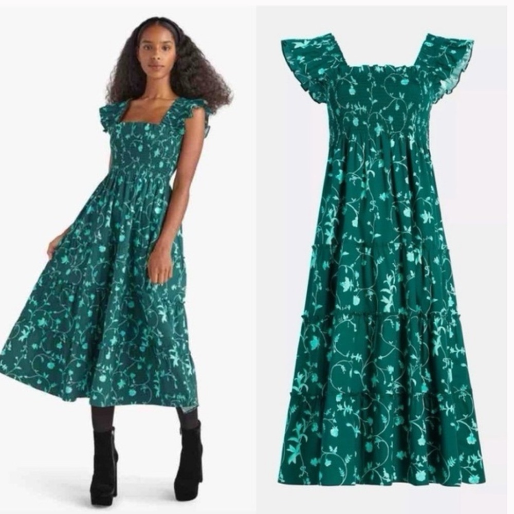 Hill House Nap Dress Ellie Green Botanical Smocked Midi Small